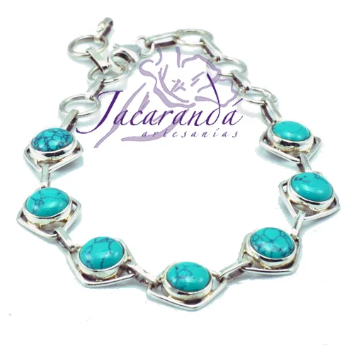 Pulsera rombos de plata con piedras redonda turquesas incrustadas