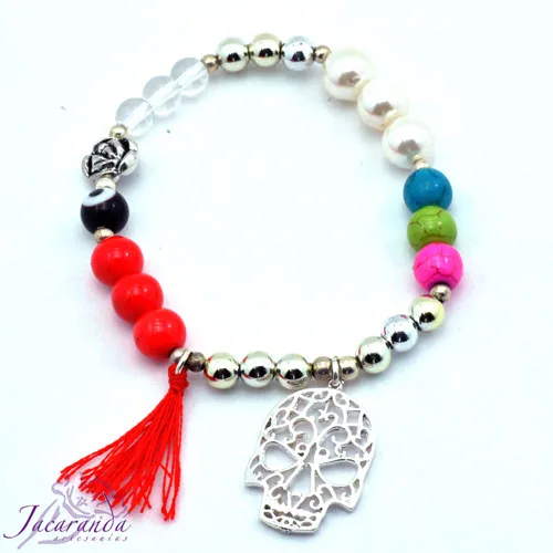 Pulsera elástica medalla Catrina con vulanico y amuletos