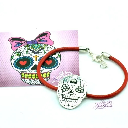 Pulsera catrina Cordón de cuero Rojo 2 Pulsera catrina Cordón de cuero Rojo