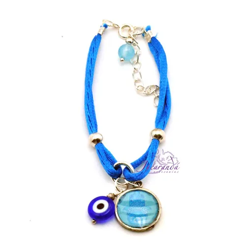 Pulsera dos hilos seda color turquesa con colgante Mano de Fatima