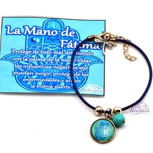 1157 2 Pulsera cordon de piel turquuesa con medalla Mano de Fatima 2