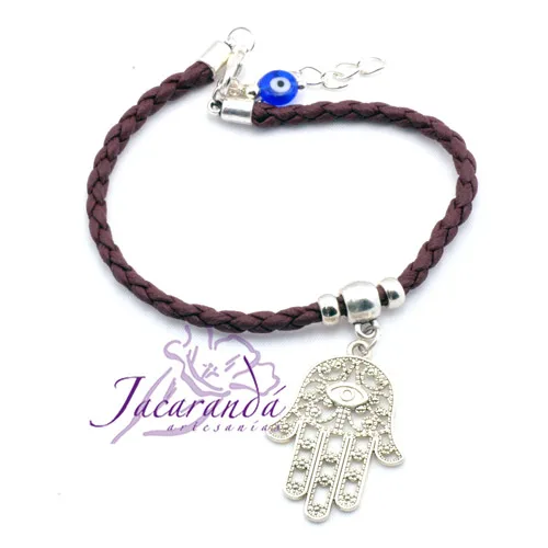 Pulsera de cuero trenzado Marrón con colgante mano de Fatima