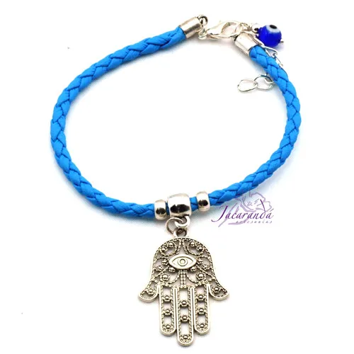 Pulsera de cuero trenzado color turquesa con medalla mano de Fatima
