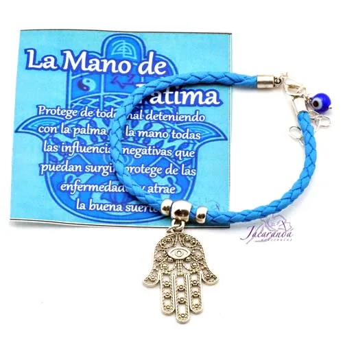 1157 6 Pulsera de cuero trenzado color turquesa con medalla mano de Fatima 2