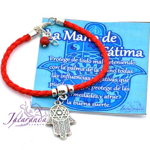 Pulsera de cuero trenzado Rojo con medalla mano de Fatima