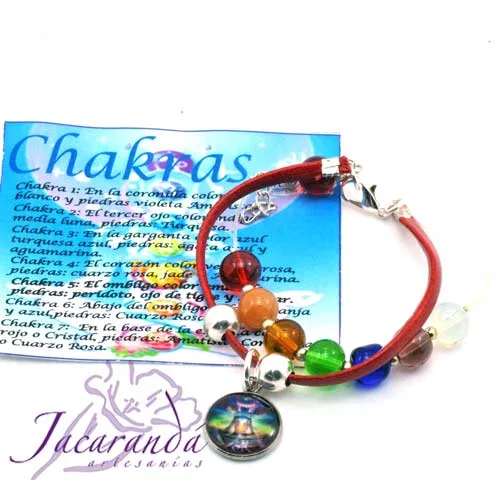Pulsera de piel plana Rojo 7 Chakras con medalla de meditación 2 1158-Pulsera de piel plana Rojo 7 Chakras con medalla de meditación