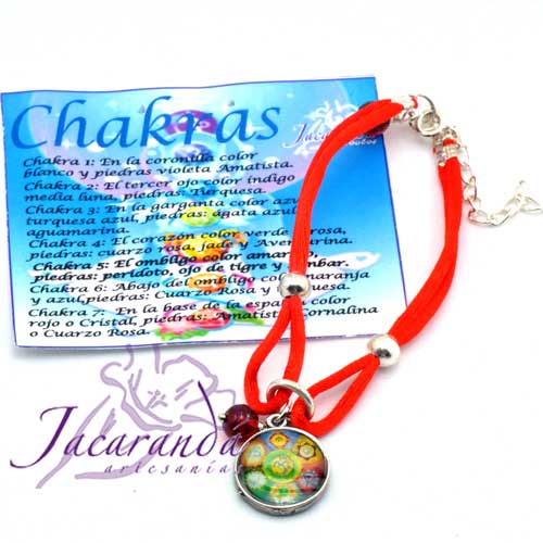 Pulsera de seda dos cordones Rojos con medalla Chacra 7 colores