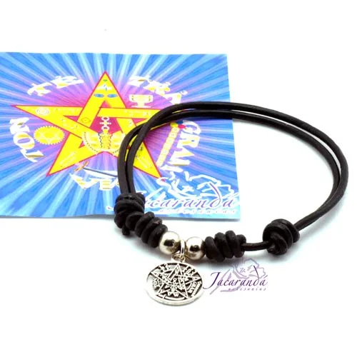 1190 10 Pulsera cordon de cuero color Negro con colgante Tetragrammatron 1