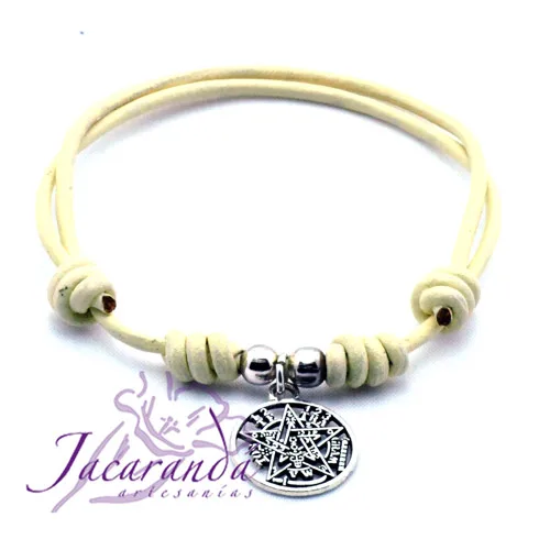 Pulsera cordón de cuero color natura con medalla Tetragrammaton 1 Pulsera cordón de cuero color natura con medalla Tetragrammaton