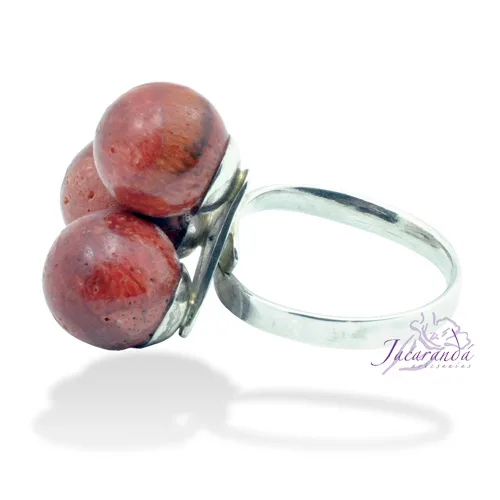 Anillo de plata 925 Tres bolas de coral esponja ajustable