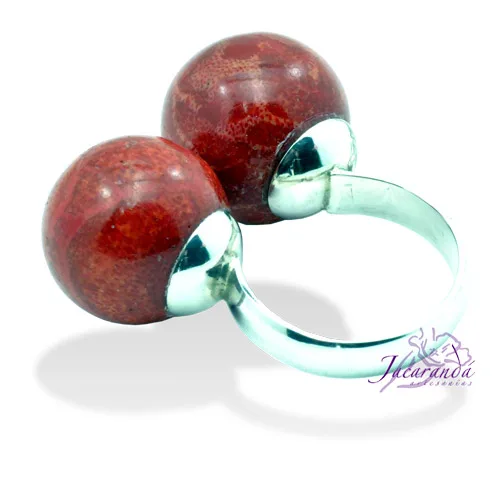 Anillo de plata 925 dos bolas de coral esponja ajustable