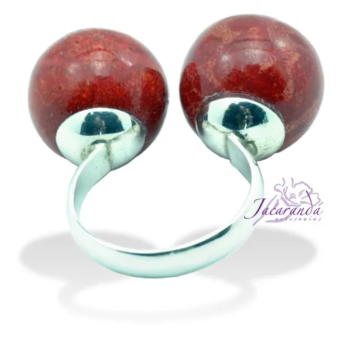 Anillo de plata 925 dos bolas de coral esponja ajustable