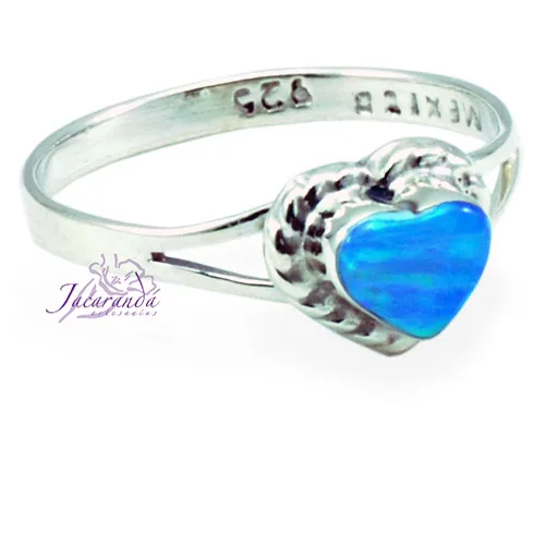 Anillo de plata 925 opalo azul diseño corazon 7 mm