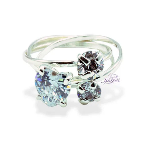 Anillos de plata 925 con 2 cristales blancos y uno Blanco grande 15 mm