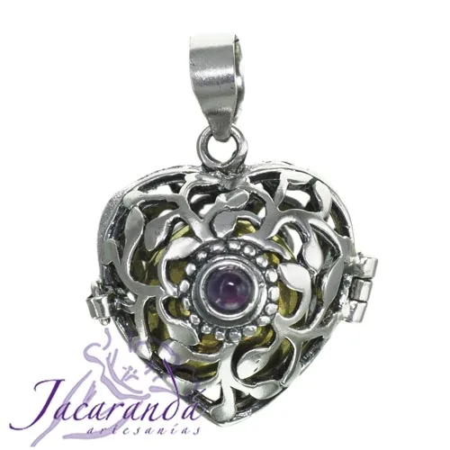 Llamador de ángeles Plata 925 con diseño corazón y piedra de Amatista 18 mm 1 Llamador de ángeles Plata 925 con diseño corazón y piedra de Amatista 18 mm